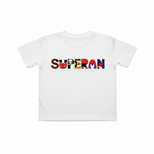 Superman embroidery font on white kids t-shirt