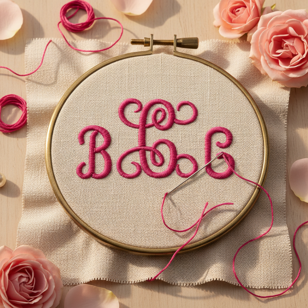 Artistic flat lay mockup of Script Swirl Embroidery Font with pink embroidery thread and vintage hoop