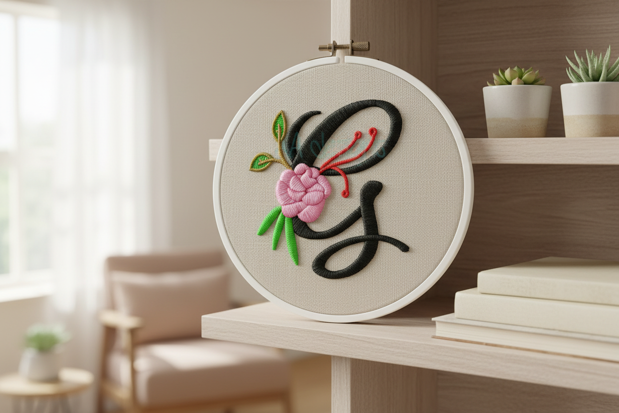 Embroidered floral script letter G home decor