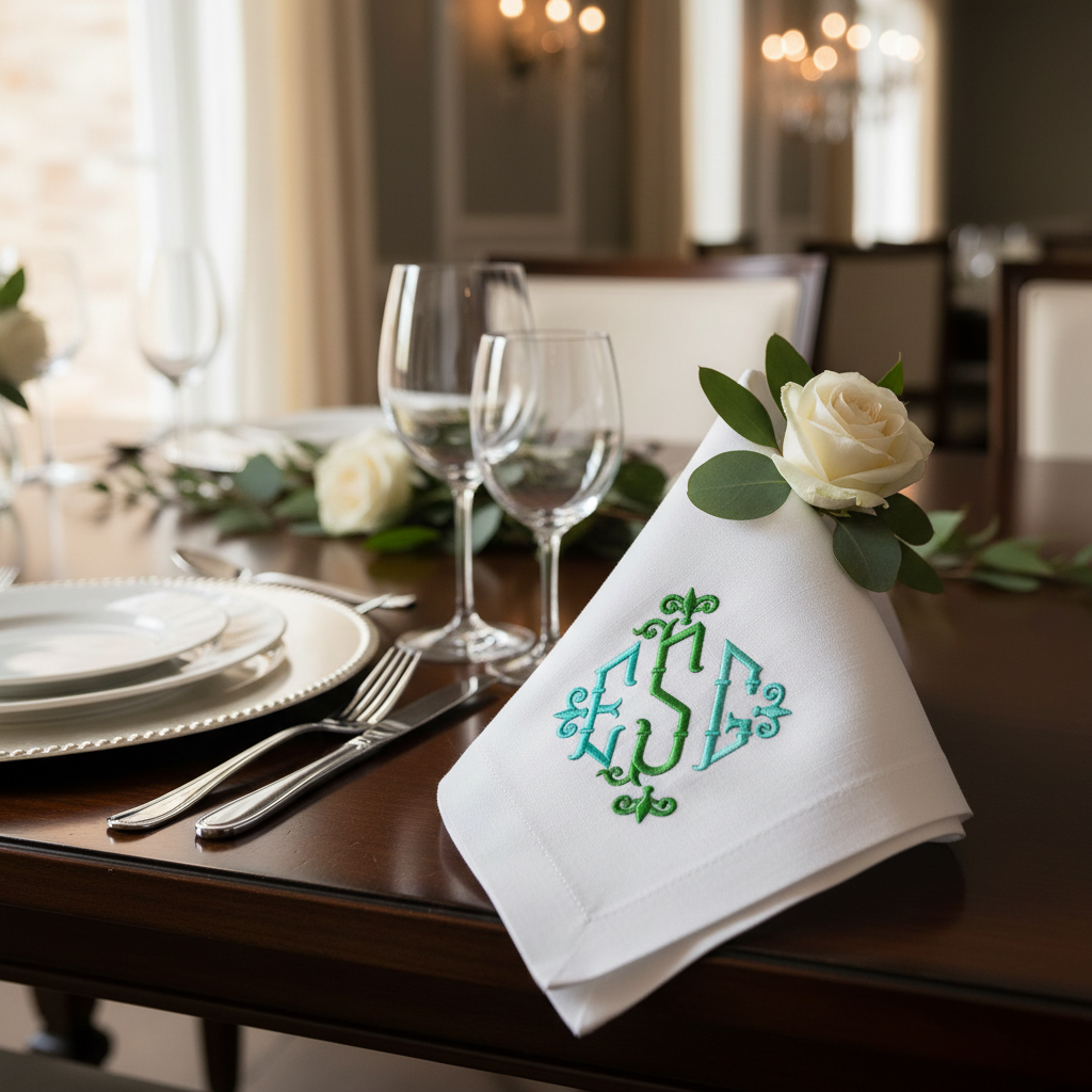Fleur-de-lis monogram embroidery on napkin