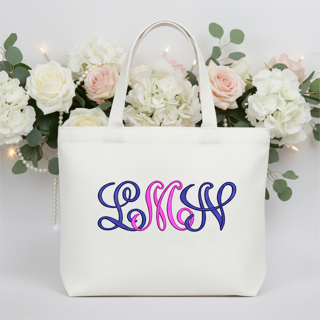 Script embroidery font on bridal bag