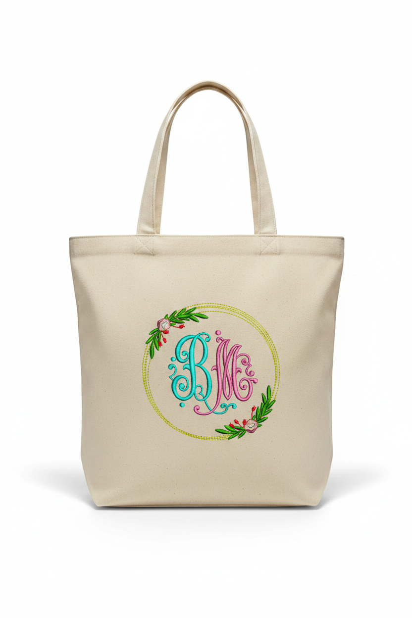 Embroidered floral monogram BM on women's bag