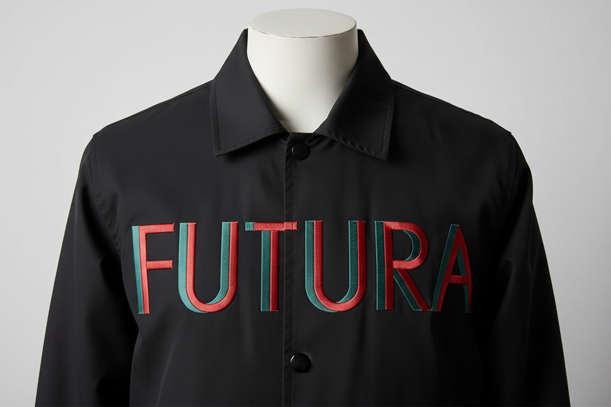 3D Puff FUTURA font on black jacket