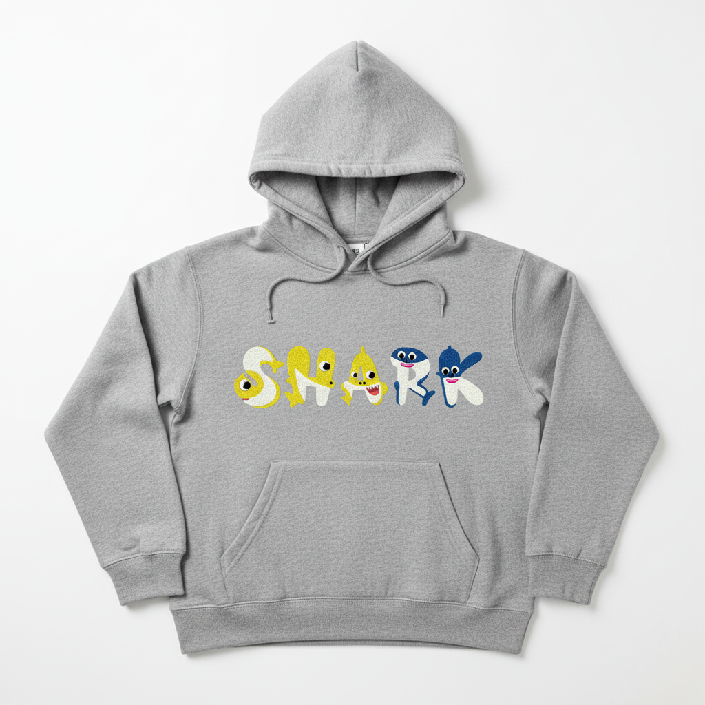 Baby Shark embroidery font on hoodie
