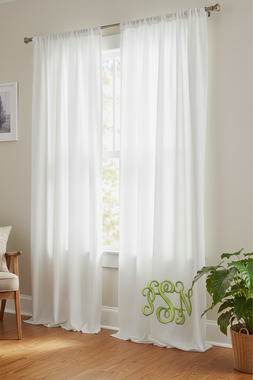 Embroidered interlocking monogram PSN on curtains