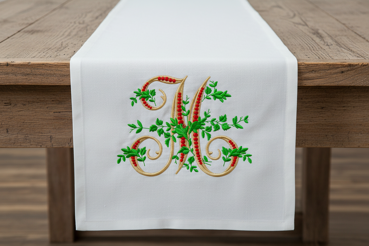 Floral embroidery font mockup on table runner