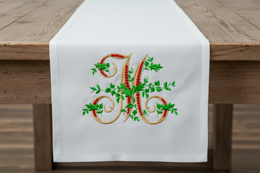 Floral embroidery font mockup on table runner