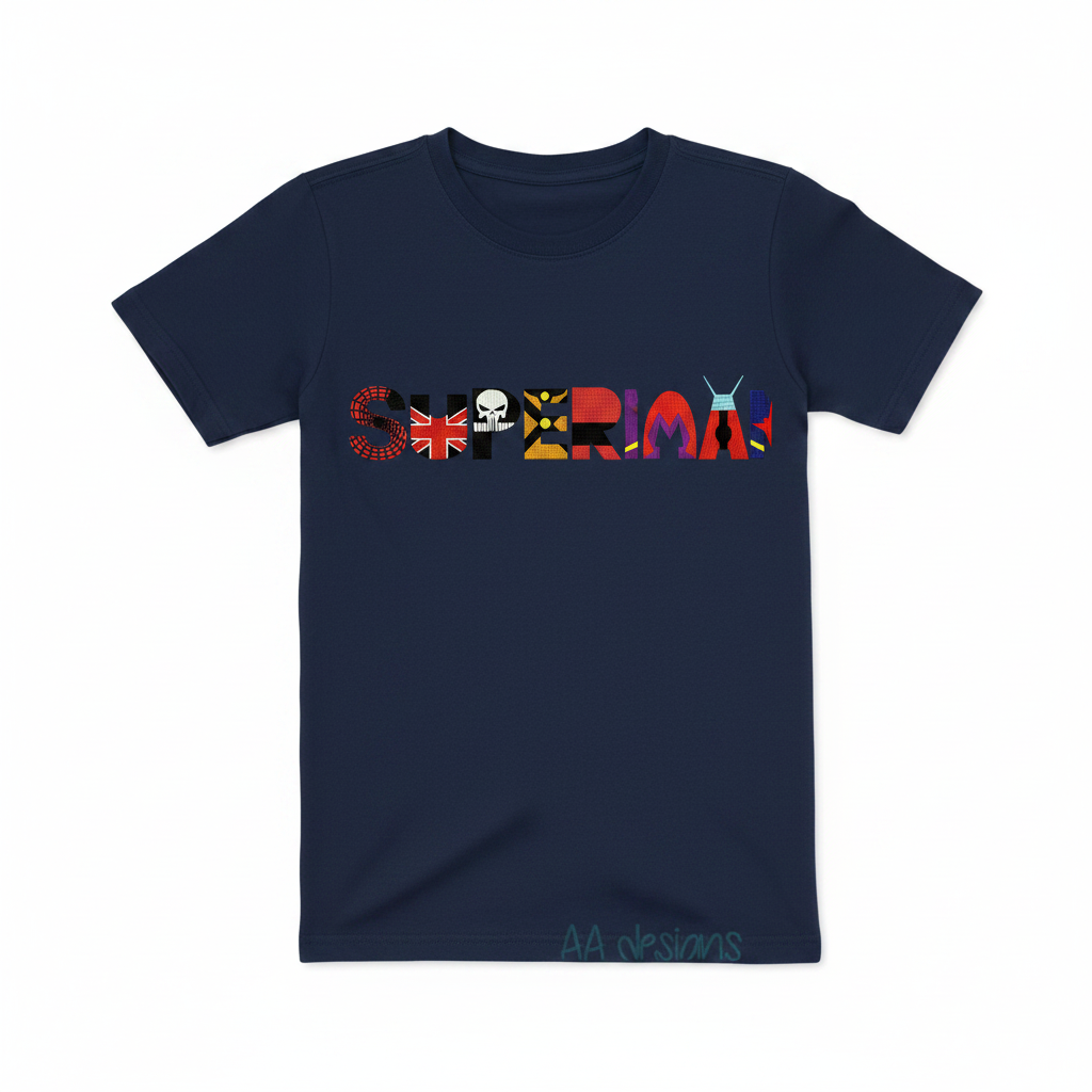 Superman embroidery font on navy blue kids t-shirt