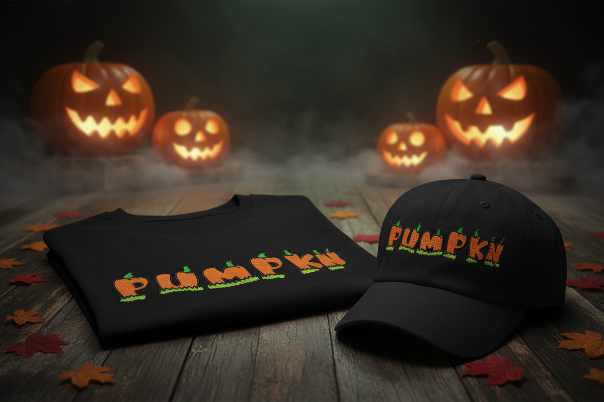 Pumpkin Halloween embroidery font mockup on black t-shirt and Halloween hat