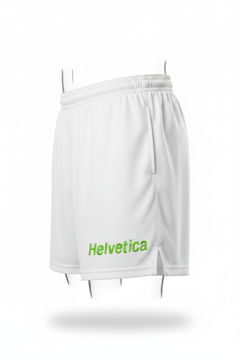 Embroidered Helvetica italic font in green on white shorts