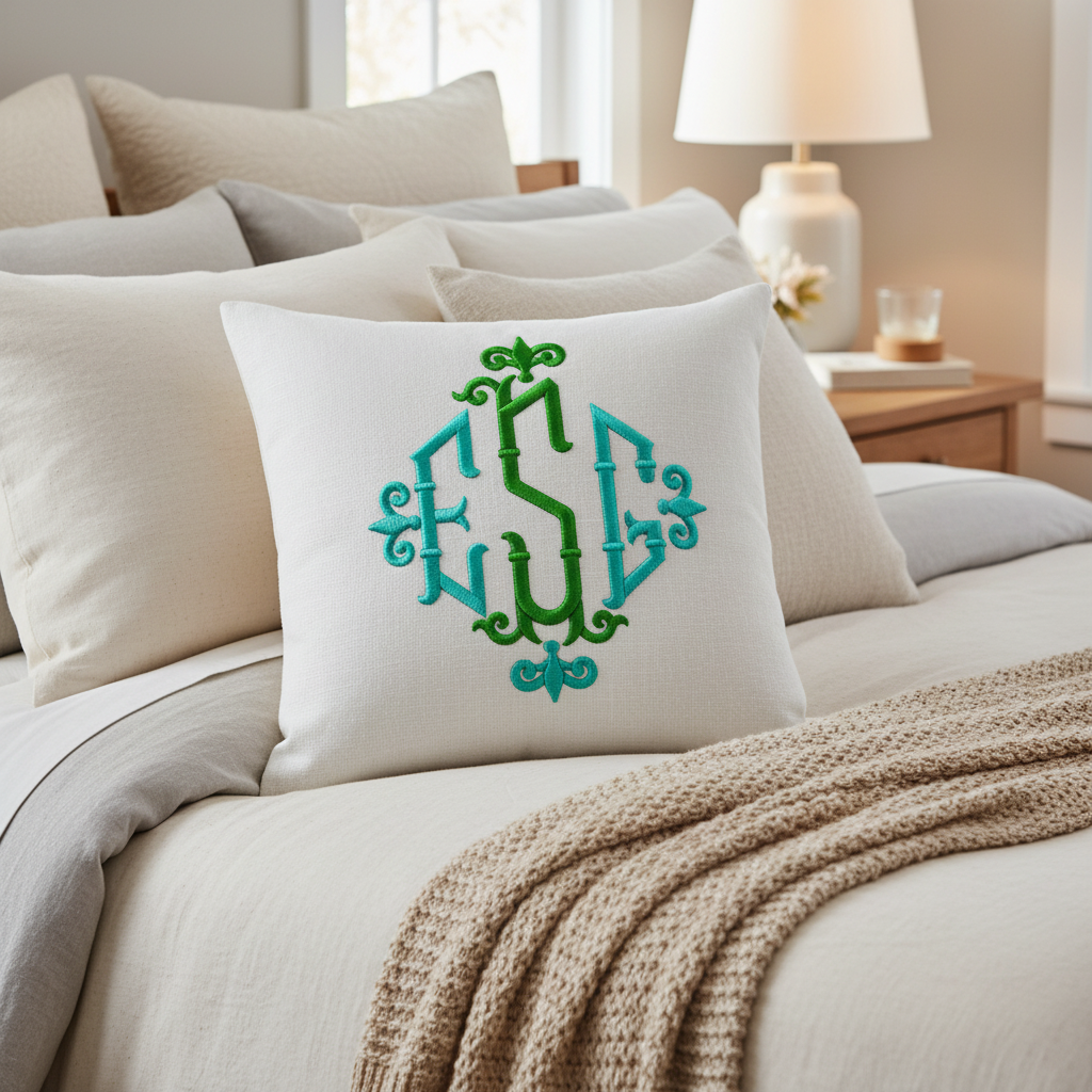 Fleur-de-lis monogram embroidery on pillow