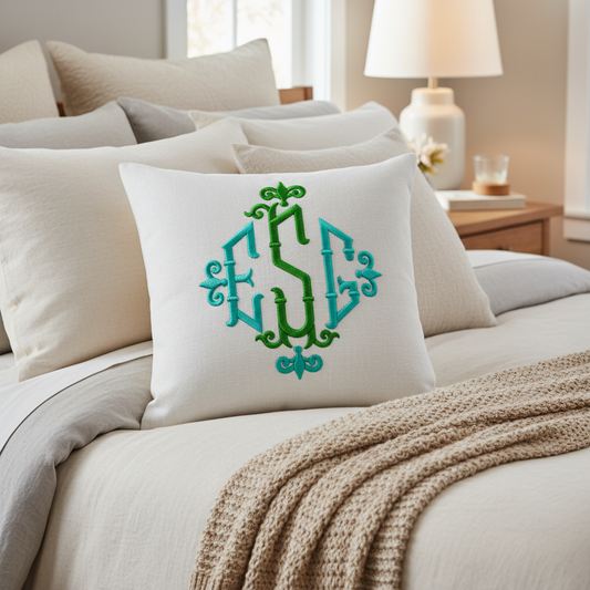 Fleur-de-lis monogram embroidery on pillow