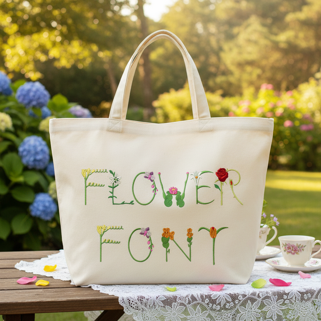 Flower summer embroidery font on tote bag