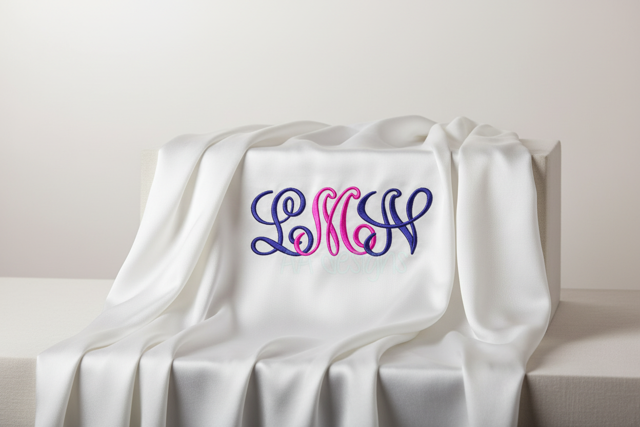 Script embroidery font on silk scarf