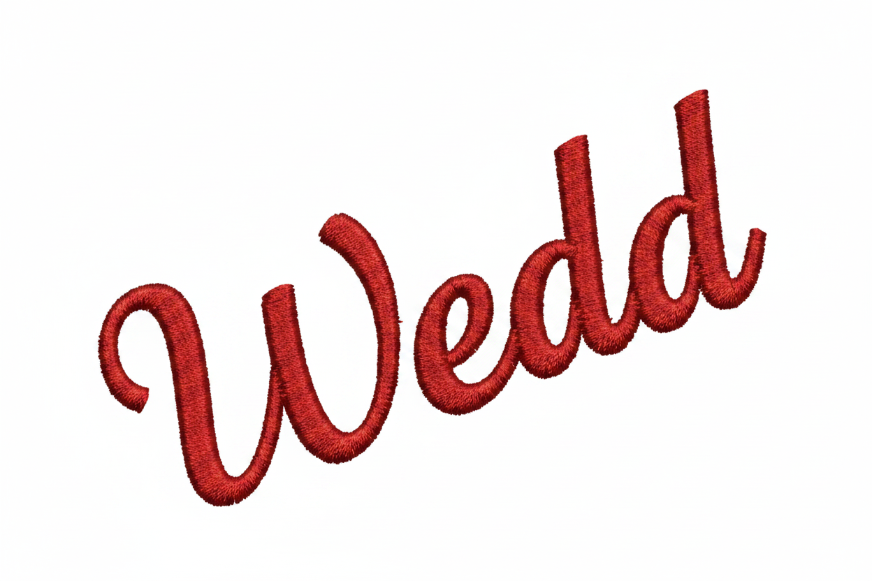 Wedding 3D puff embroidery font - angled close-up showing thread texture