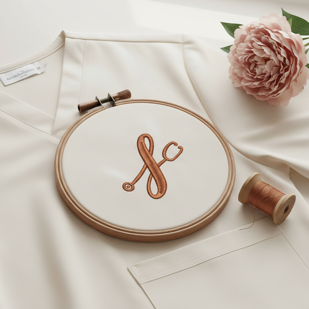 Stethoscope embroidery design stitched on an ivory nurse scrub pocket