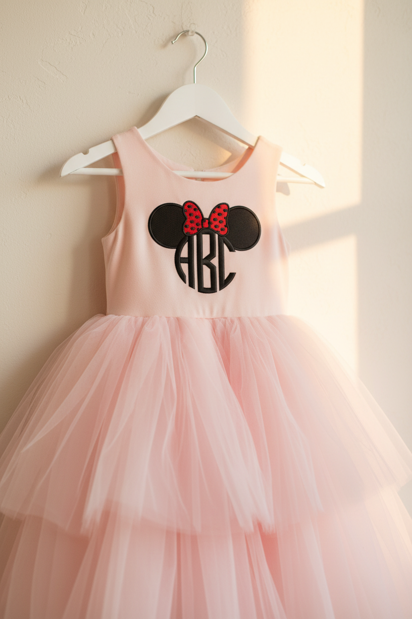 Minnie Mouse monogram embroidery on pink tutu dress hanging on white hanger