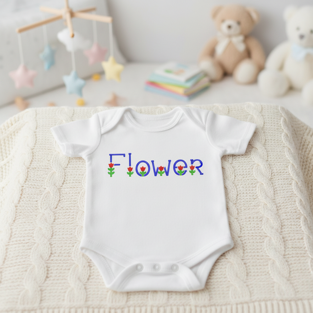 Flower embroidery font on baby onesie