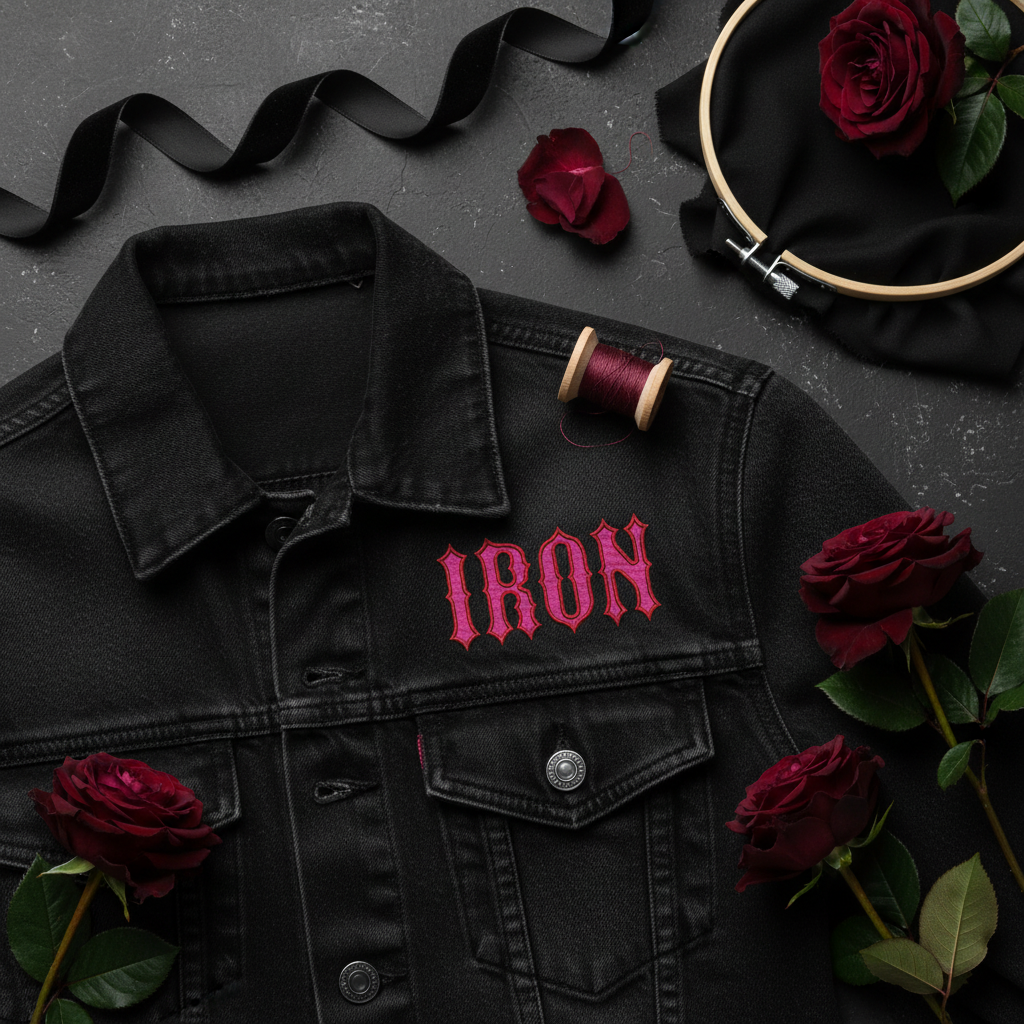Iron Gothic Embroidery Font embroidered at a realistic 3 inch scale on a black denim jacket chest
