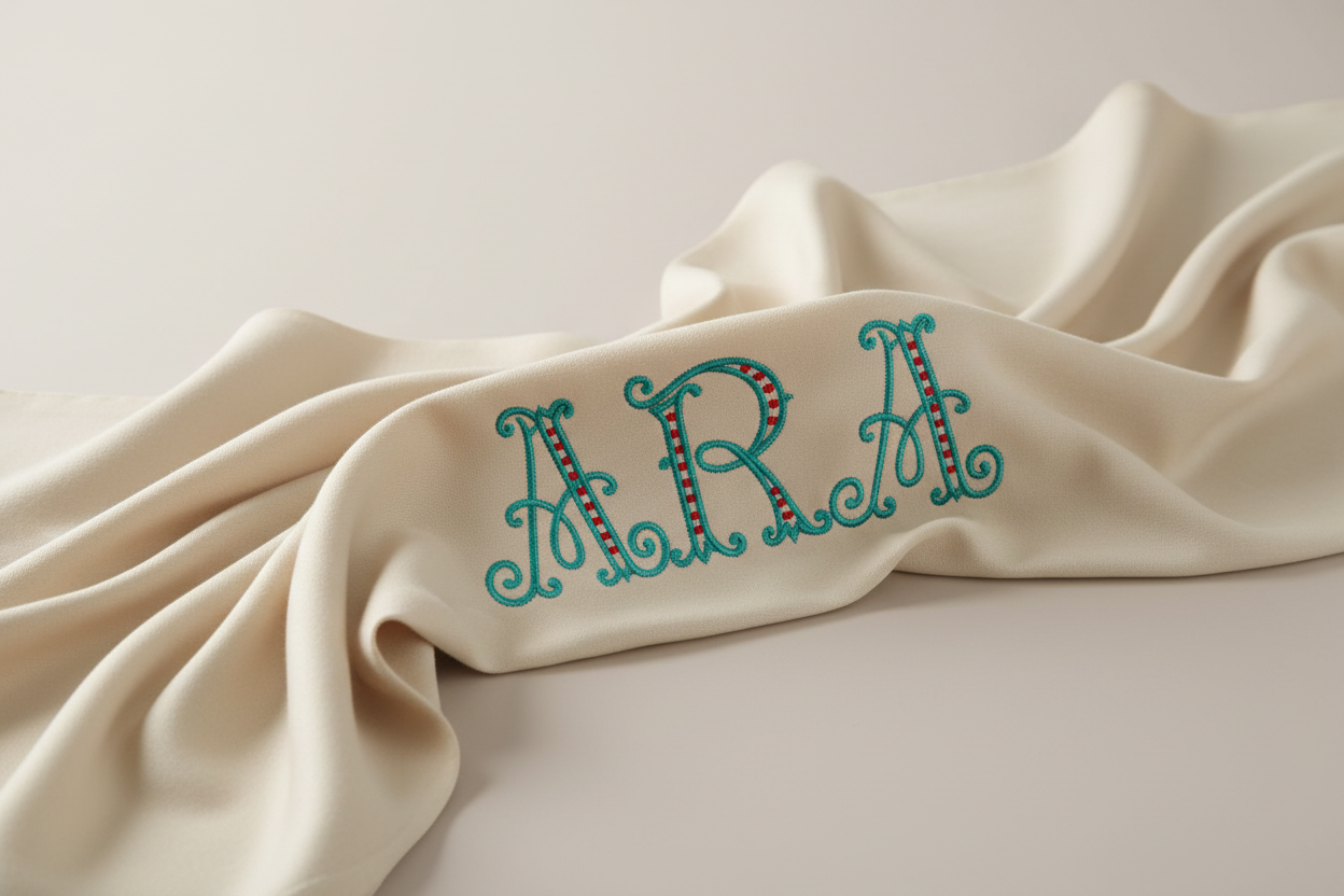 Arabesque monogram embroidery on shawl