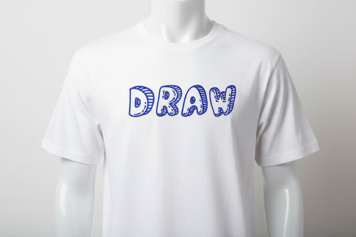 DRAW embroidery font on white t-shirt