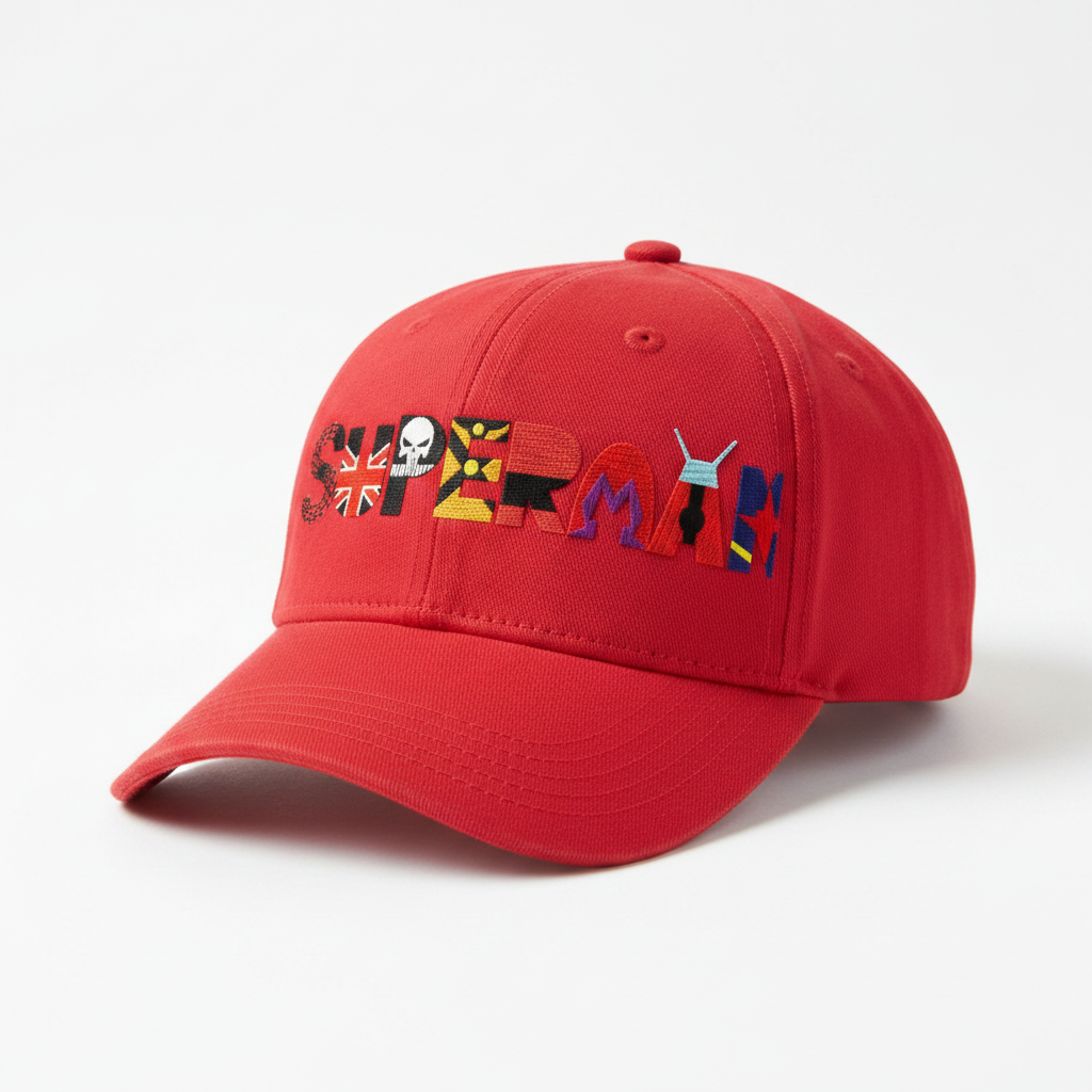 Superman embroidery font on red baseball cap