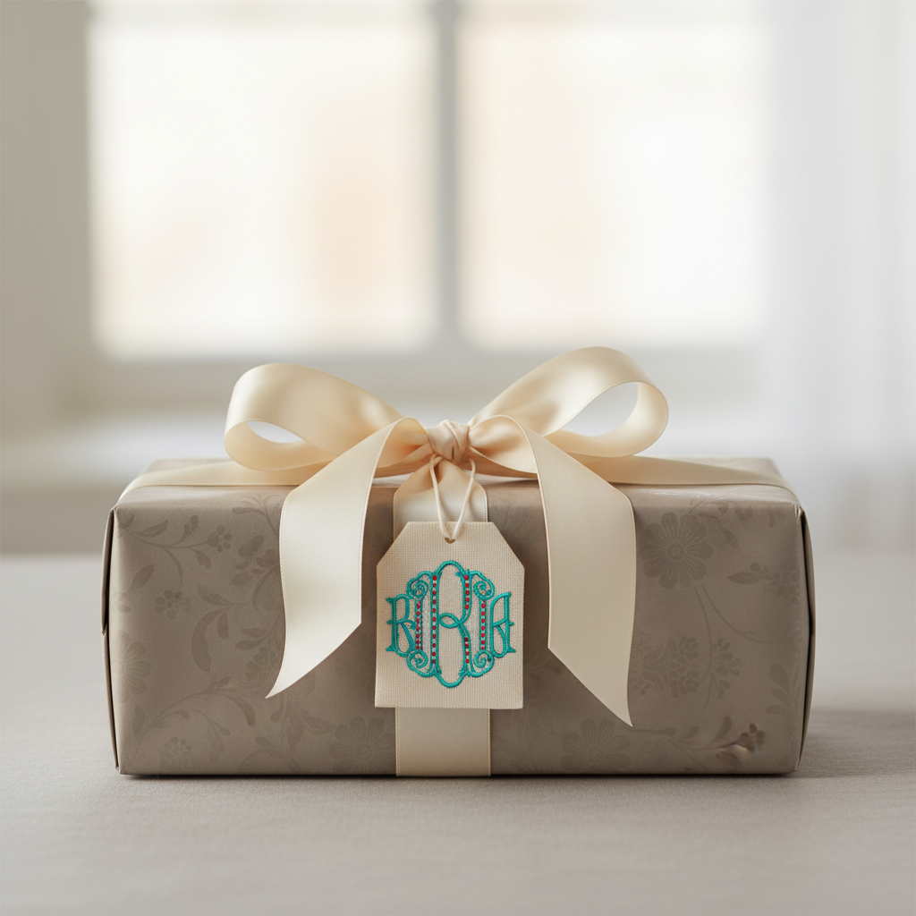 Arabesque monogram embroidery on gift