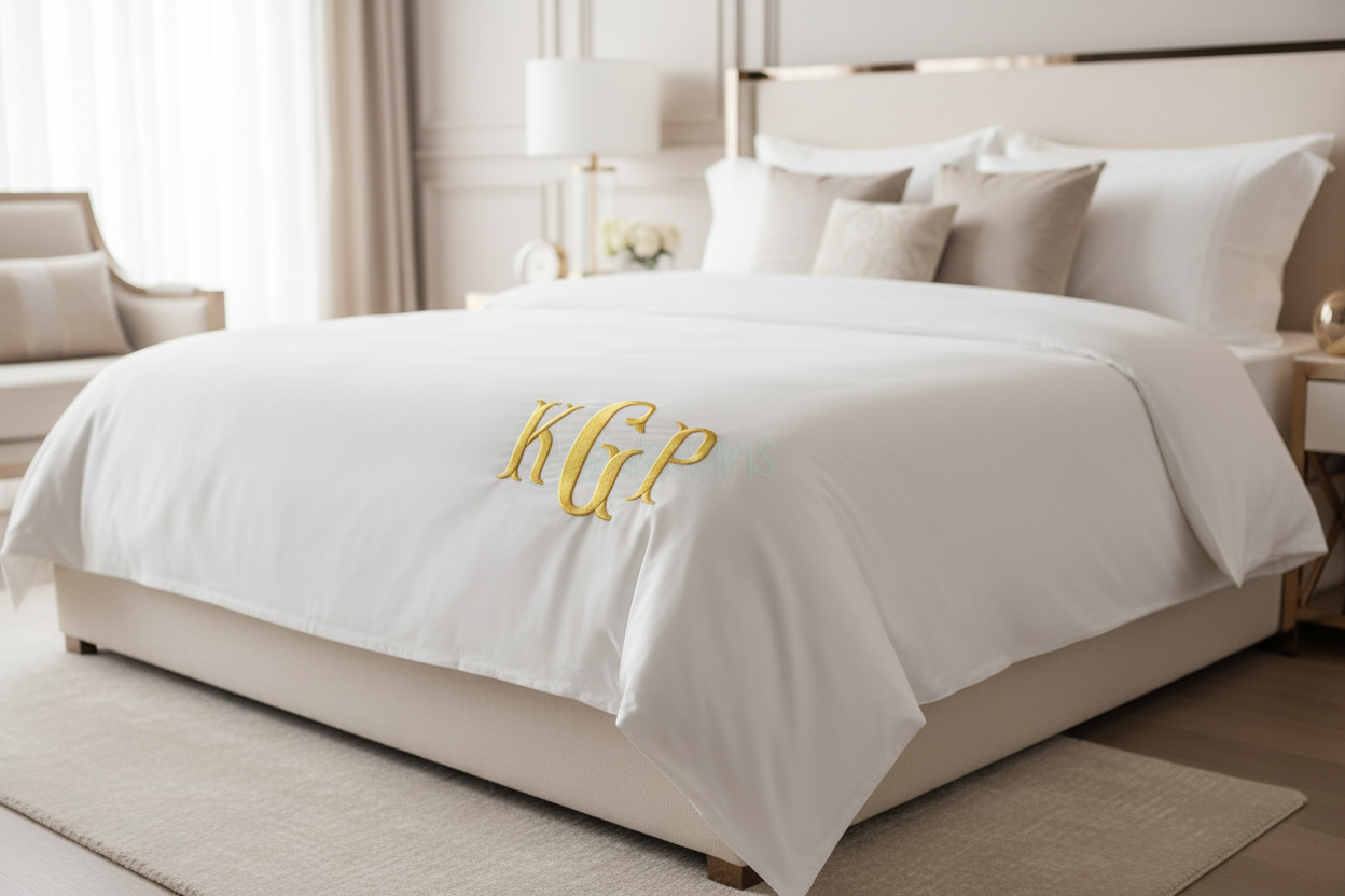 Embroidered gold fishtail monogram KGP on blanket
