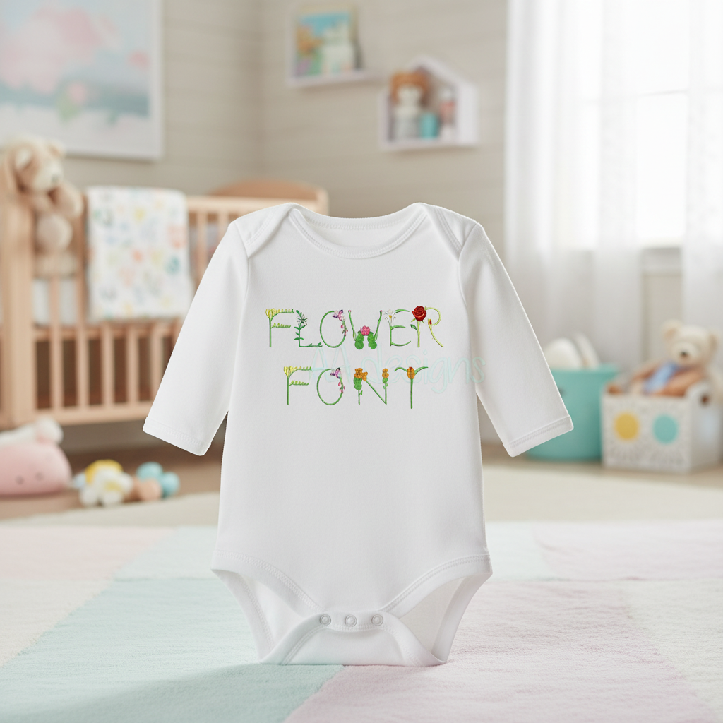Flower summer embroidery font on baby girl dress