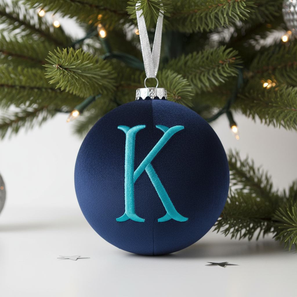 Teal K embroidery on ornament