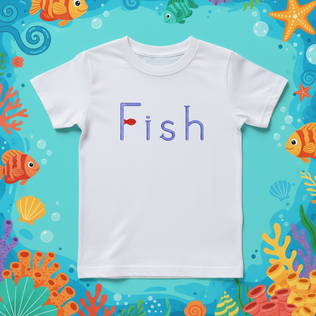 Fish embroidery font on kids t-shirt