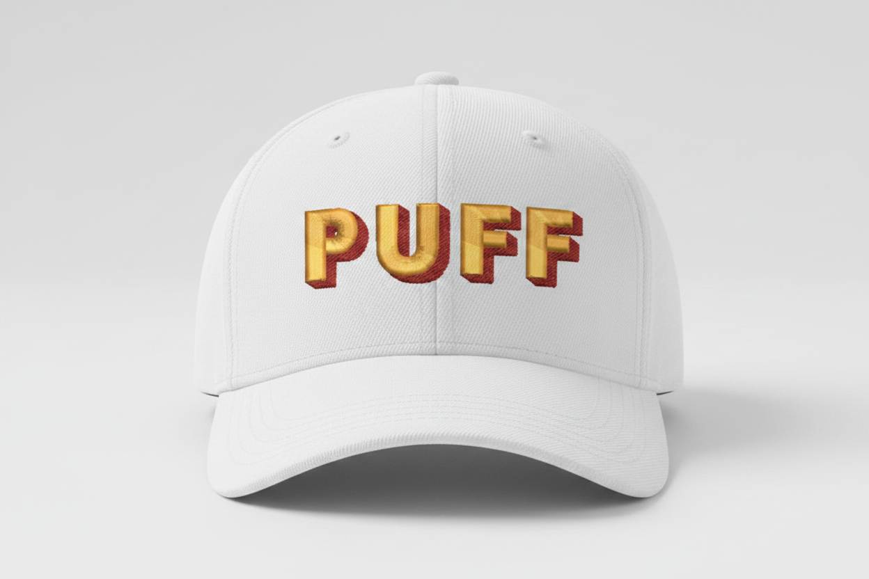 3D Puff Embroidery Font on white cap