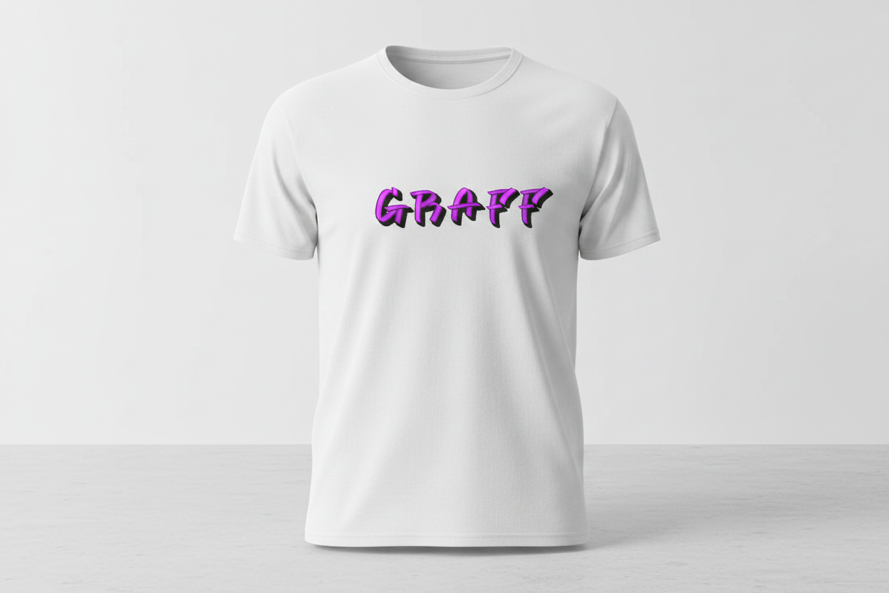 3D Puff Graffiti Font GRAFF on white t-shirt