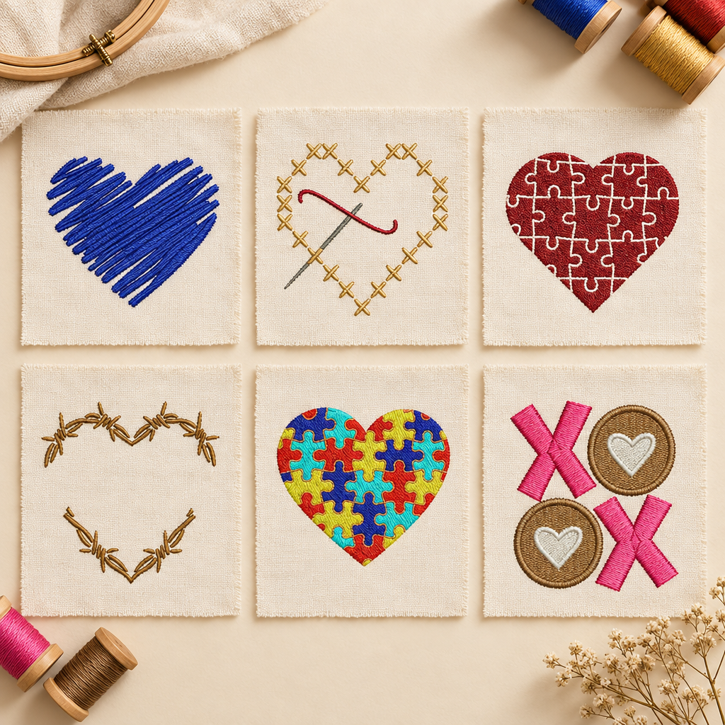Six heart embroidery designs displayed on ivory linen swatches with embroidery thread and a wooden hoop.