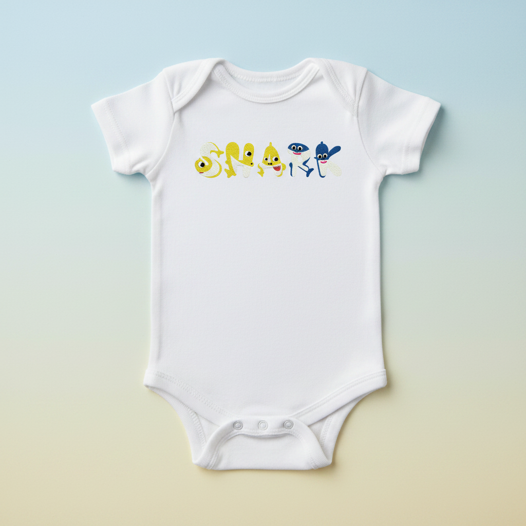 Baby Shark embroidery font on baby onesie