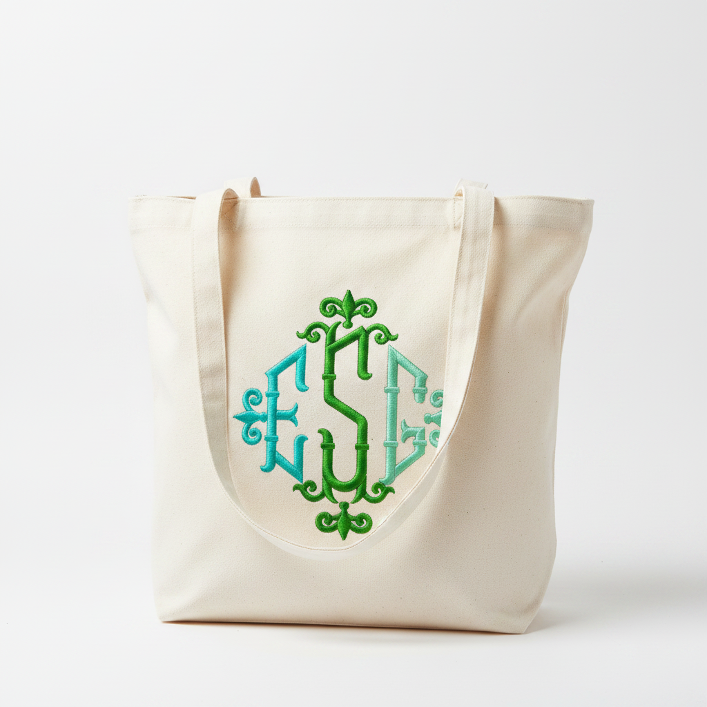 Fleur-de-lis monogram embroidery on tote bag