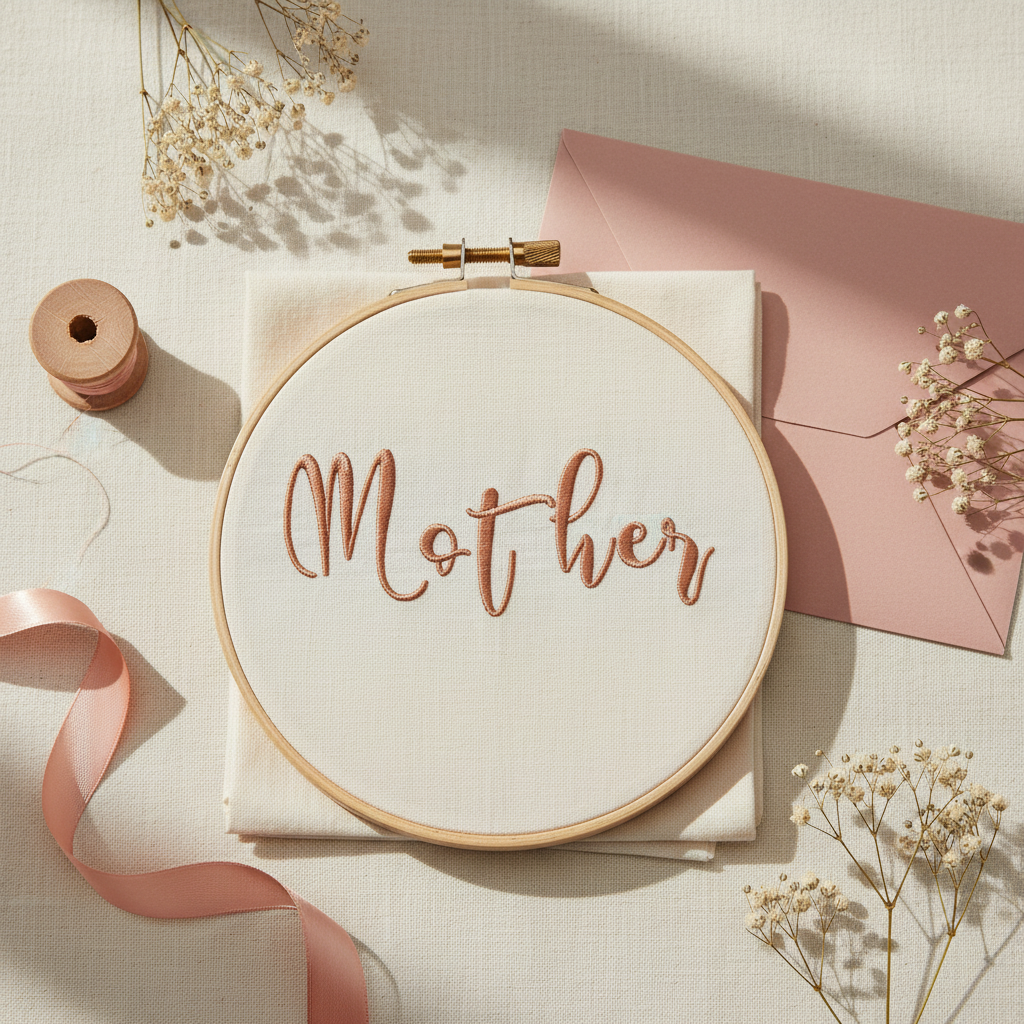 Mother embroidery script stitched on an ivory linen handkerchief for a Mother's Day gift