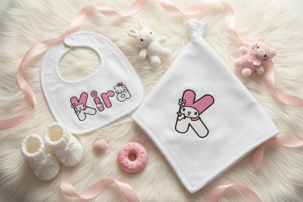 Kitty Embroidery Font on baby bib and blanket