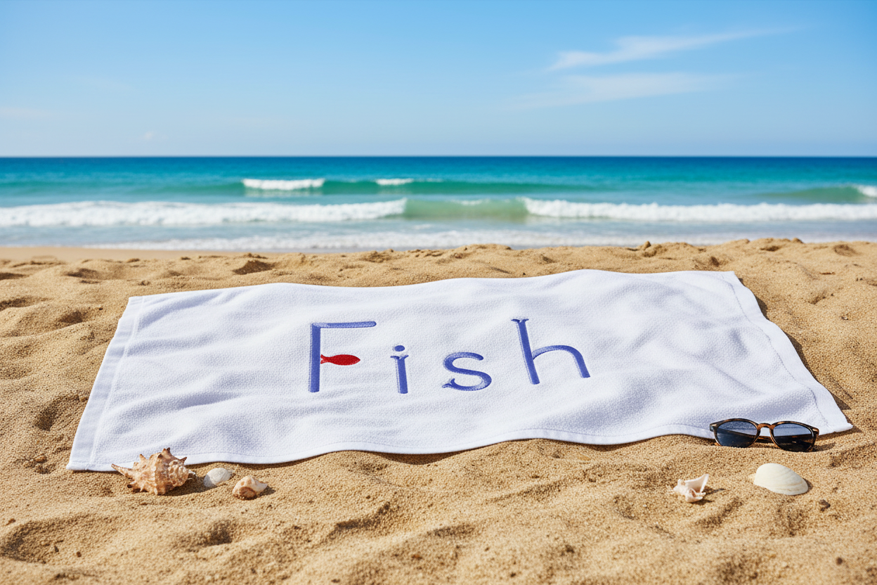 Fish embroidery font on beach towel