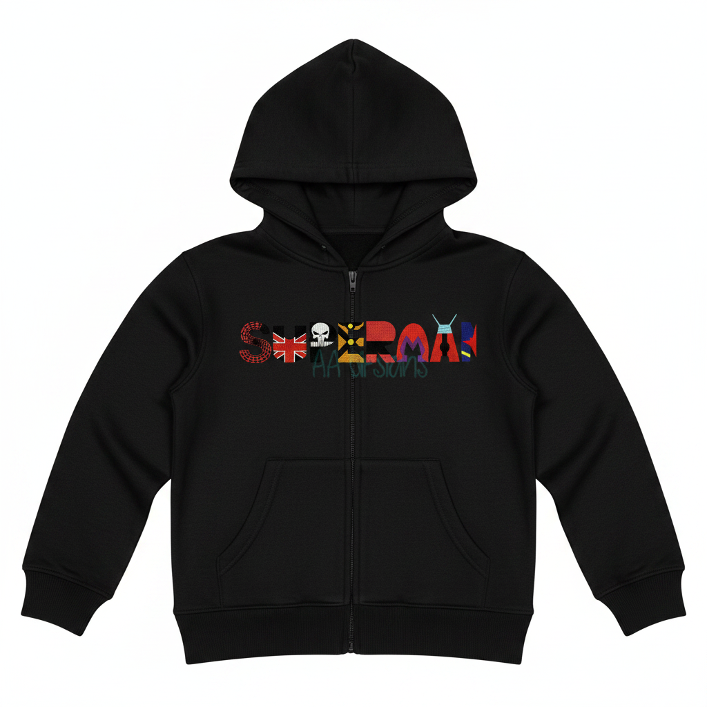 Superman embroidery font on black hoodie