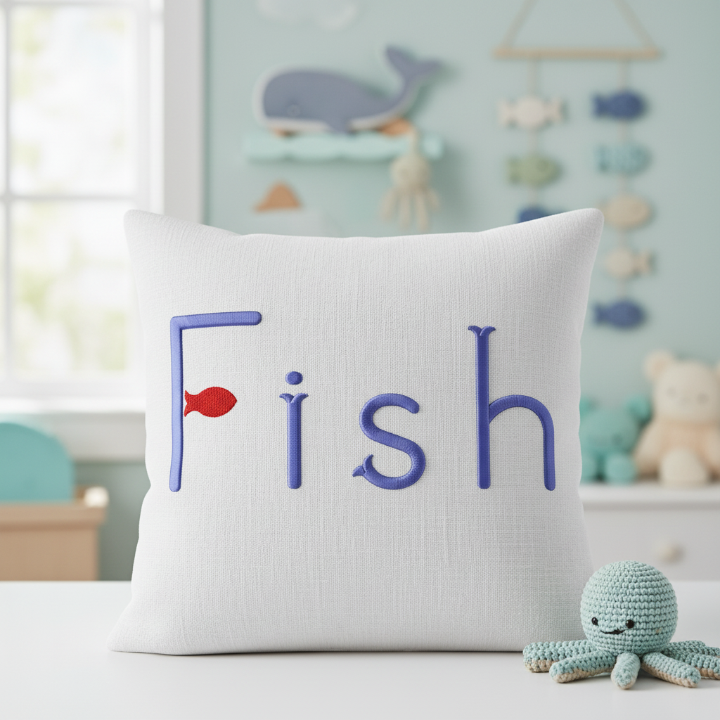 Fish embroidery font on nursery pillow