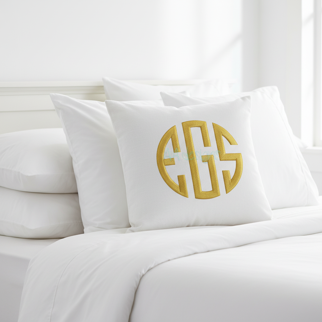 Embroidered gold circle monogram EGS on decorative pillow