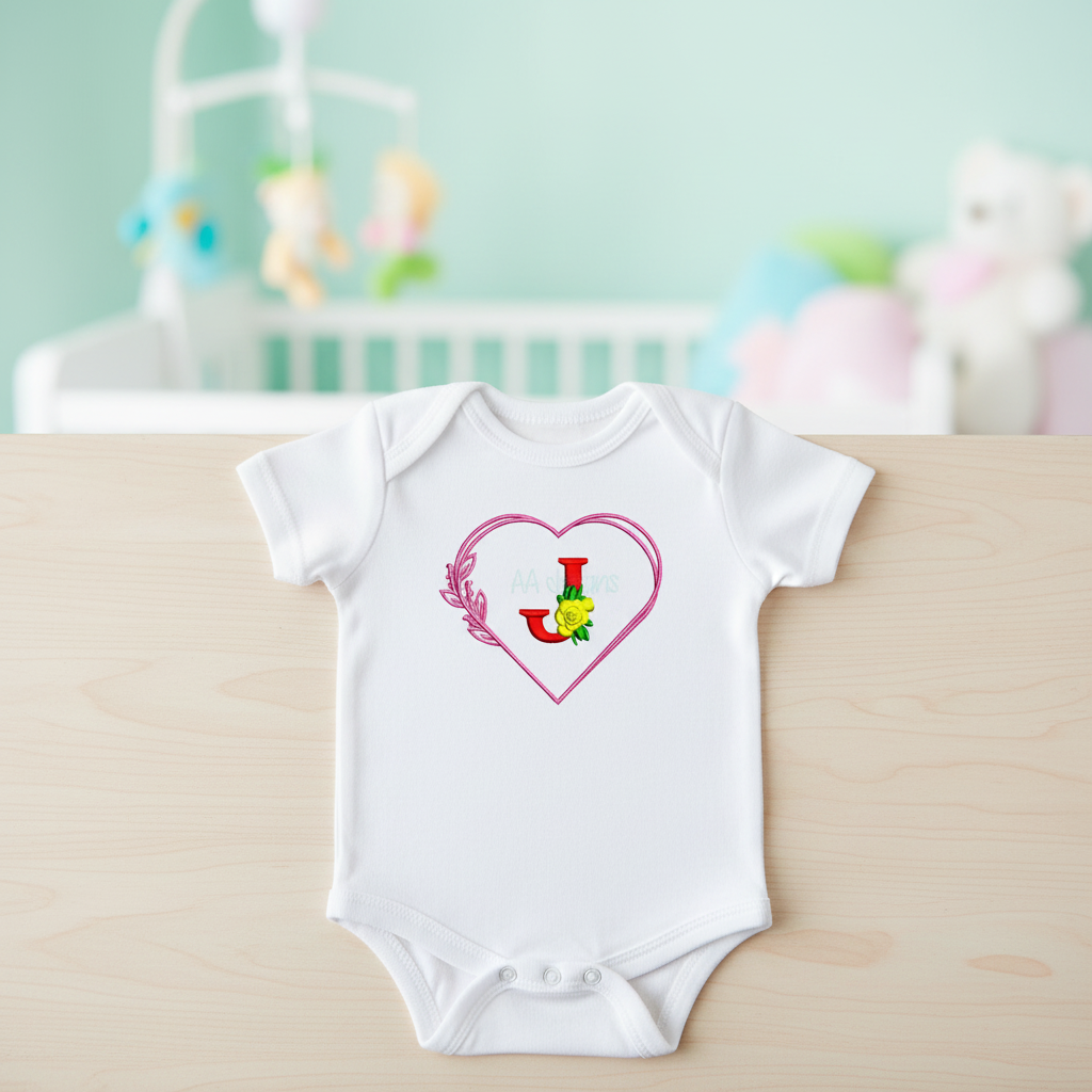 Heart monogram J embroidery on baby onesie