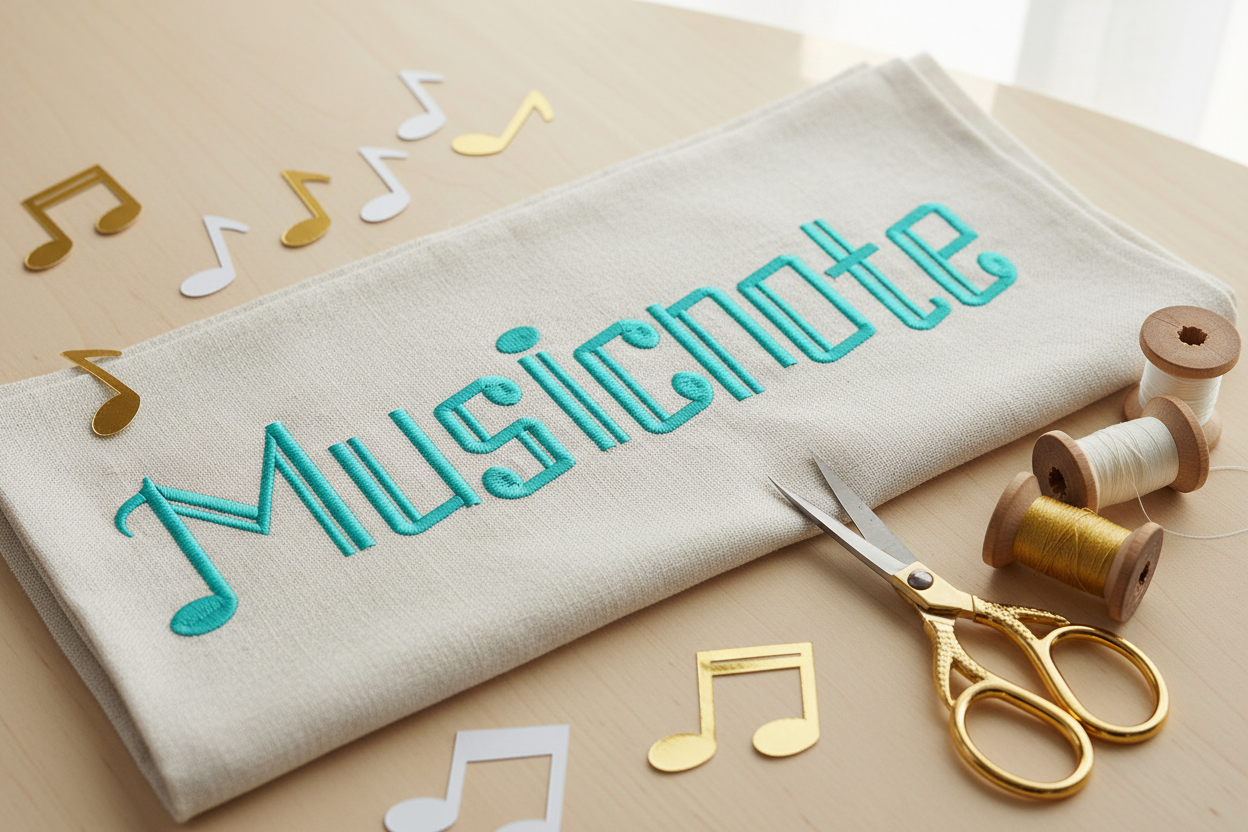 Musicnote embroidery font lifestyle flatlay mockup on ivory linen with music props