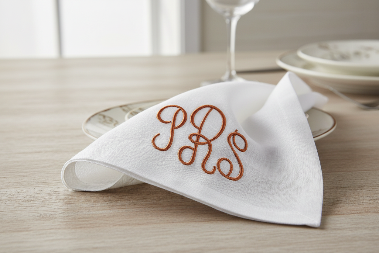 PRS monogram embroidery on napkin angled view