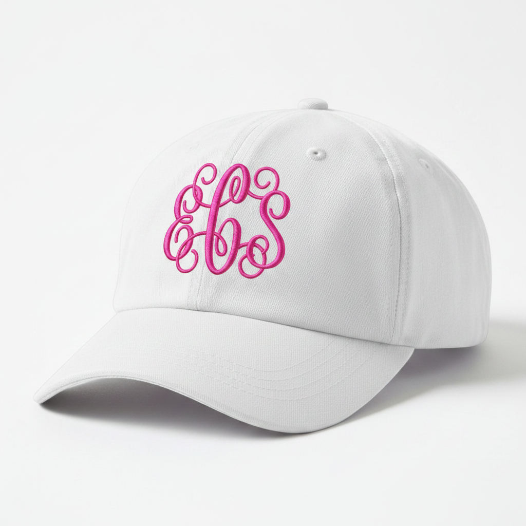 Vine monogram embroidery font on baseball cap