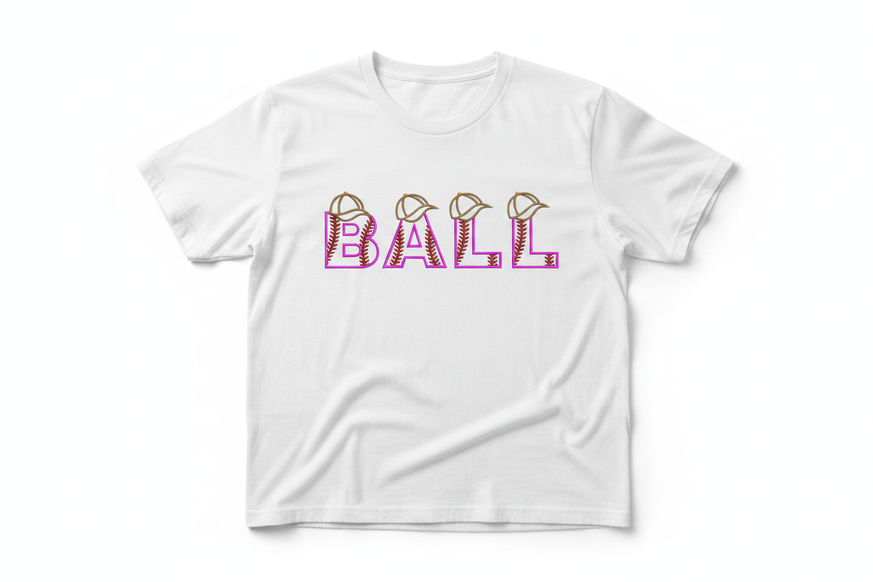 Baseball Applique embroidery font on t-shirt