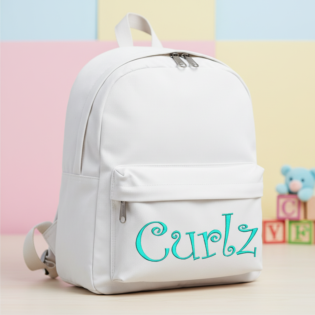 Curl embroidery font on kids backpack