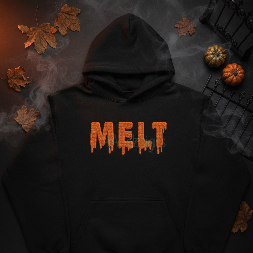Melt embroidery font on black hoodie