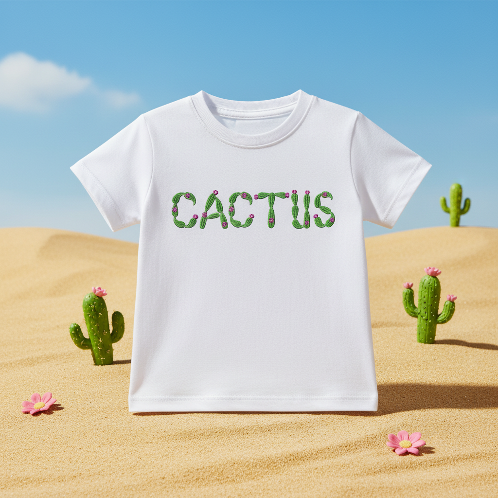Cactus embroidery font on kids t-shirt